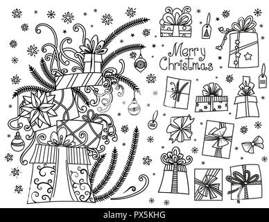 Doodle set di regali di Natale. Disegnata a mano cartoon confezioni regalo in varie forme e pila di vacanza presenta con nastri e bow . Illustrazione di vettore isolato su bianco. Gli elementi di design collection. Illustrazione Vettoriale