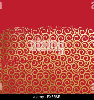 Oriental antico disegno spiralato grungy reale vernice dorata della lamina metallica su lucky red carta origami vintage vecchio graffiato con inchiostro di oro o di glitter backgrou Illustrazione Vettoriale