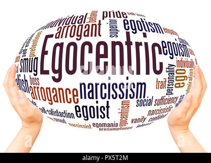 Egocentrico word cloud sfera mano concetto su sfondo bianco. Foto Stock