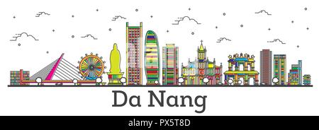Delineare Da Nang Vietnam skyline della città con edifici di colore isolato su bianco. Illustrazione Vettoriale. Da Nang Cityscape con punti di riferimento. Illustrazione Vettoriale