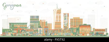 Gurgaon India skyline della città con edifici di colore. Illustrazione Vettoriale. Viaggi di affari e di turismo con il concetto di architettura moderna. Gurgaon Cityscape Illustrazione Vettoriale