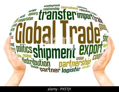 Global Trade parola cloud sfera mano concetto su sfondo bianco. Foto Stock