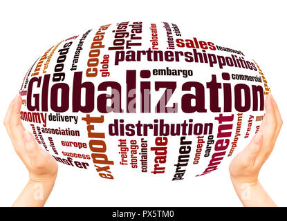 Parola globalizzazione cloud sfera mano concetto su sfondo bianco. Foto Stock