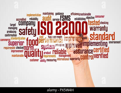 ISO 22000 - gestione della sicurezza alimentare, word cloud e la mano con il concetto di marcatore su sfondo bianco. Foto Stock