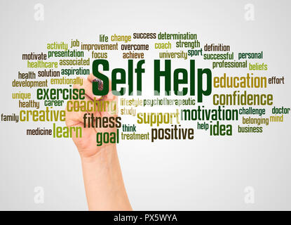 Self Help word cloud e la mano con il concetto di marcatore su sfondo bianco. Foto Stock