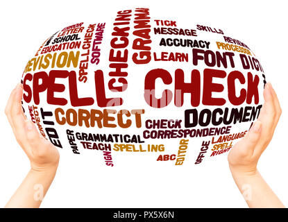 Esegui il controllo ortografico del word cloud sfera mano concetto su sfondo bianco. Foto Stock