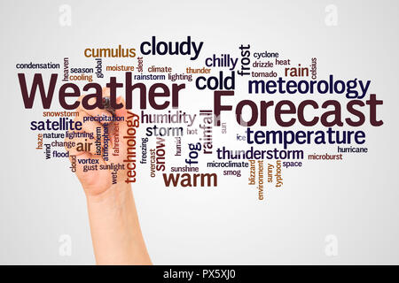 Previsioni Meteo word cloud e la mano con il concetto di marcatore su sfondo bianco. Foto Stock