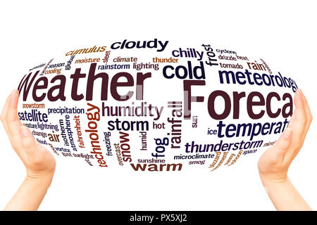 Previsioni Meteo parola cloud sfera mano concetto su sfondo bianco. Foto Stock