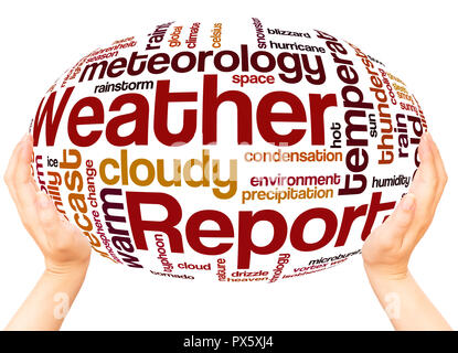 Meteo parola cloud sfera mano concetto su sfondo bianco. Foto Stock