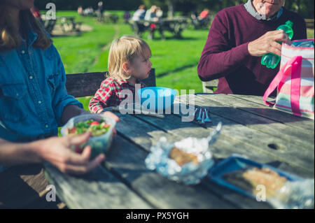 Un multi generazionale è familiare avente un picnic in una tabella Foto Stock