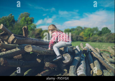 Un piccolo bimbo è arrampicata su alcuni tronchi della foresta Foto Stock