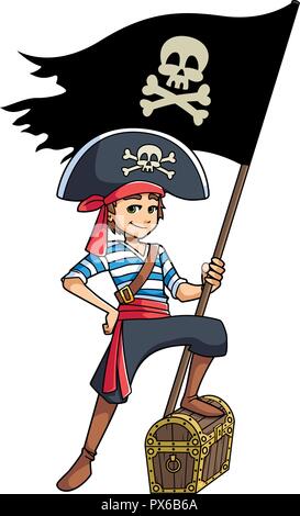 Pirate Boy Holding Bandiera Illustrazione Vettoriale