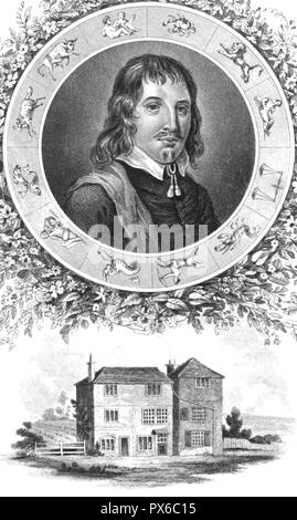 NICHOLAS CULPEPPER (1616-1654), botanico inglese, medico e astrologo. L'incisione che mostra la sua Red Lion house di Spitalfields vicino a Londra. Foto Stock