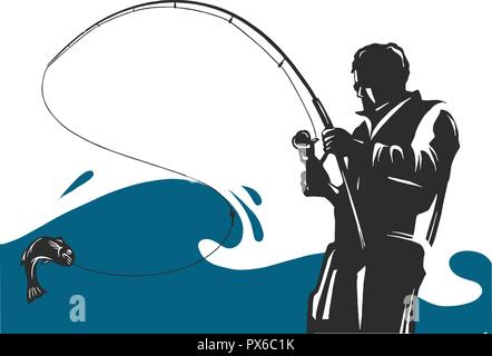 Progettazione di pesca per il vettore. Un pescatore si ritiene che le catture di una barca su un'onda. Illustrazione Vettoriale