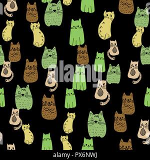 Seamless pattern colorato doodle gatti gruppo Illustrazione Vettoriale