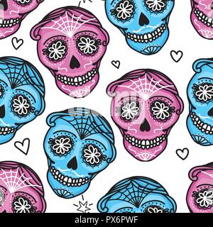 Modello senza cuciture colore segno Calavera Dia de los Muertos. Mexican giorno dei morti. Vettore di disegno a mano illustrazione uomo adesivo. Illustrazione Vettoriale