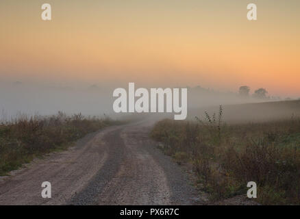 Paesaggio con una strada sterrata tra i prati, scomparendo nella fitta nebbia ben evidenziato dalla Rising Sun su uno sfondo di cielo azzurro coperto Foto Stock