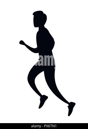 Silhouette nera. Uomo che corre in sports wear. Nessun volto cartoon character design. Piatto illustrazione vettore isolato su sfondo bianco. Illustrazione Vettoriale