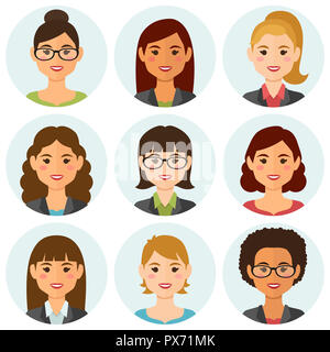 Le donne d'affari avatar piatto set con volto sorridente. Team raccolta di icone. Illustrazione Vettoriale. Foto Stock