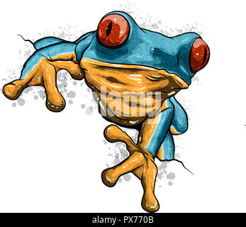 Un cartoon rana mascotte di puntamento di carattere con il suo dito Foto Stock