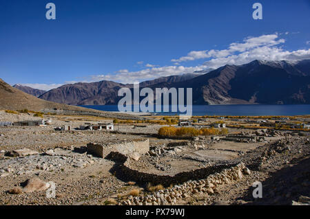 Villaggio Meerak nel colore di autunno, Pangong Lake, Ladakh, India Foto Stock