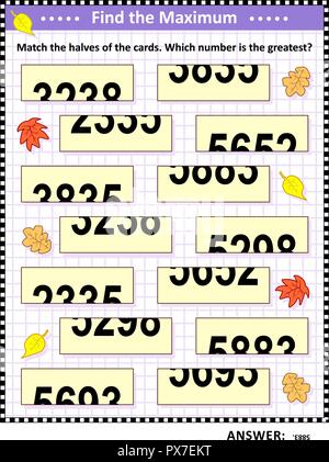 Math visual puzzle: trovare il massimo. Corrisponde alla metà delle carte. Quale numero è il più grande? Risposta inclusa. Illustrazione Vettoriale