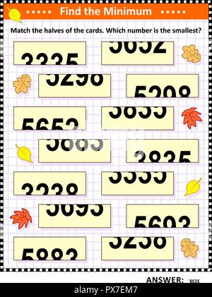 Math visual puzzle: trovare il minimo. Corrisponde alla metà delle carte. Quale numero è il più piccolo? Risposta inclusa. Illustrazione Vettoriale
