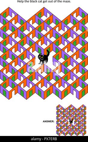 Festa di Halloween camere a tema e porte gioco labirinto o pagina di attività: aiutare il gatto nero uscire dal labirinto. Risposta inclusa. Illustrazione Vettoriale