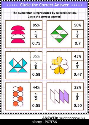 Le competenze matematiche formazione visual puzzle. Cerchiare la risposta corretta. Trovare il numero equivalente per ciascuna frazione pittorica di rappresentanza. Risposta inclusa. Illustrazione Vettoriale