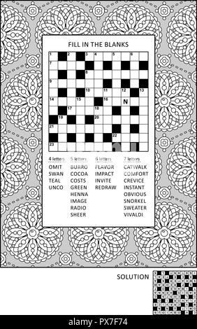 Puzzle e colorazione pagina attività per adulti con criss-cross, o compilare il resto kriss-kross gioco di parole e ampia cornice decorativa per colore. Risposta inclusa. Illustrazione Vettoriale