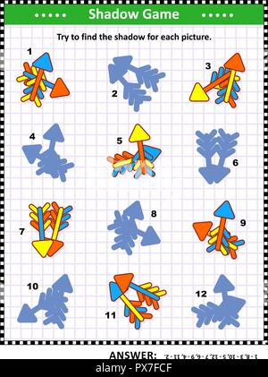 Ombra matching visual puzzle: abbinare le immagini delle frecce colorate per le loro ombre. Risposta inclusa. Illustrazione Vettoriale
