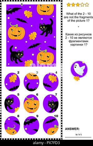 A tema Halloween IQ astratto di formazione visual puzzle: Cosa del 2 - 10 non sono i frammenti di immagine 1? Risposta inclusa. Illustrazione Vettoriale