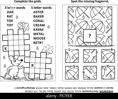 Pagina attività con due puzzle. Fill-in cruciverba o gioco di parole. Spot il frammento mancante del pattern. In bianco e nero. Le risposte sono inclusi. Illustrazione Vettoriale