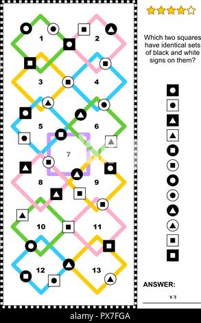 IQ astratto di formazione visual puzzle (adatta sia per bambini che per adulti): che due piazze sono identici set di nero e di bianco segni su di loro? Illustrazione Vettoriale