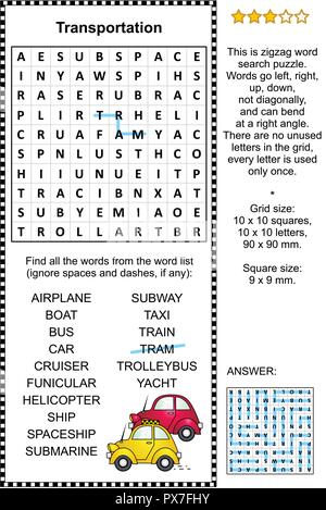 Trasporto a zig-zag a tema puzzle di ricerca di parola (adatta sia per bambini che per adulti). Risposta inclusa. Illustrazione Vettoriale