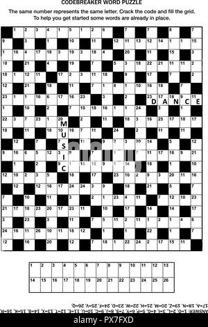 Pagina di puzzle con codebreaker (parola chiave, codice cracker) gioco di parole o cruciverba Illustrazione Vettoriale