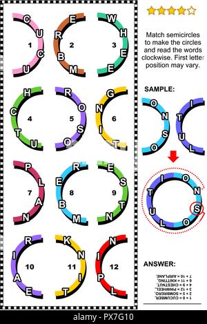 IQ astratto di formazione visual parola puzzle o gioco di parole (lingua inglese): corrispondenza semicirconferenze con lettere per fare i cerchi e leggere le parole. Illustrazione Vettoriale