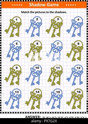 Ombra matching visual puzzle: abbinare le immagini dei grappoli chiave per le loro ombre. Risposta inclusa. Illustrazione Vettoriale