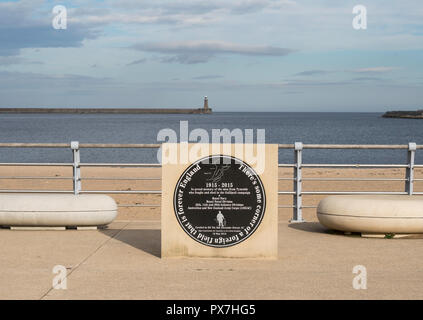 WW1 Gallipoli campaign memorial, che mostra John Simpson Kirkpatrick con il suo asino, sul lungomare di Littlehaven a South Shields, England, Regno Unito Foto Stock