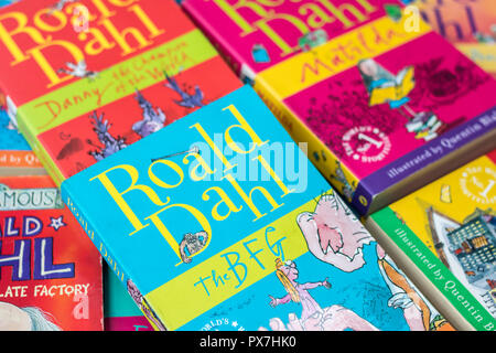 Pila pila di libri per bambini, libri per bambini, bambini preferiti, Roald Dahl libro, matilda bfg fabbrica del cioccolato le streghe, kids autore preferito classics Foto Stock