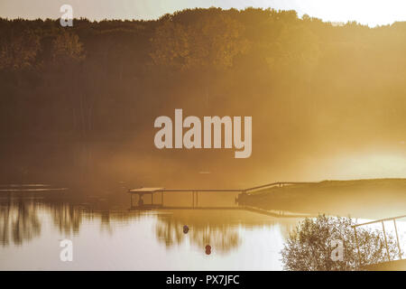 Ormeggio lago di nebbia tramonto estate giallo verde nero Foto Stock