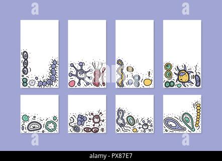 Set di cellule di batteri i modelli per i social media. Sfondi con spazio vuoto per il testo. La storia e i coperchi posti per le reti. Vettore stile doodle com Illustrazione Vettoriale