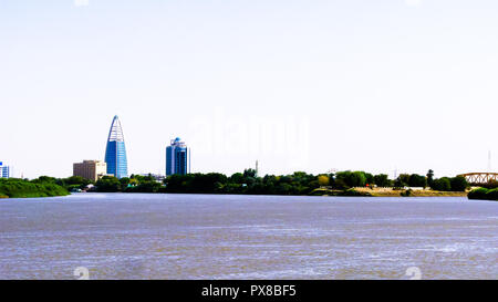 Antenna vista panoramica a Khartoum, Omdurman e confluenza del blu e del bianco Niles, Sudan Foto Stock