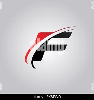 Prima lettera F con logo Swoosh colorata in rosso e nero Illustrazione Vettoriale