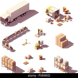 Vettore bassa isometrica poli delle attrezzature per magazzini Illustrazione Vettoriale