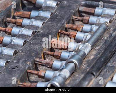 Set di bussole a cricchetto, chiavi a bussola, chiavi piatte in plastica scatola portatile. Foto Stock