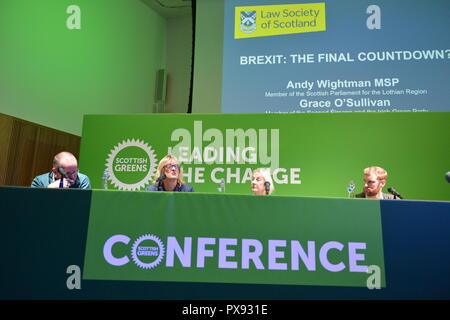 Glasgow, Scotland, Regno Unito. Xx oct, 2018. Scottish Partito Verde Conferenza Nazionale 2018. Con meno di 6 mesi per andare nel Regno Unito è dovuto a lasciare l'UE molto ancora resta da decidere. Nella foto e parlando anche sul pannello (destra-sinistra) è: Andy Wightman MSP; Membro del Seanad Eireann e irlandese Partito Verde - Il senatore grazia O'Sullivan; Alison Atack - la Law Society of Scotland Presidente (Presidente); Andy Sirel - cofondatore di JustRight Scozia. Credito: Colin Fisher/Alamy Live News Foto Stock