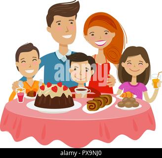 La famiglia felice a tavola. Celebrazione, tableful concetto. Fumetto illustrazione vettoriale Illustrazione Vettoriale