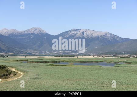 Paesaggi di montagna circondato Lago Stymphalia, che è riempito con fitti canneti in estate, Peloponneso e Grecia. Famoso nel mito come il sito dove Foto Stock