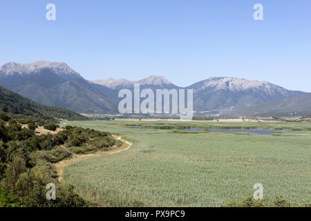 Paesaggi di montagna circondato Lago Stymphalia, che è riempito con fitti canneti in estate, Peloponneso e Grecia. Famoso nel mito come il sito dove Foto Stock